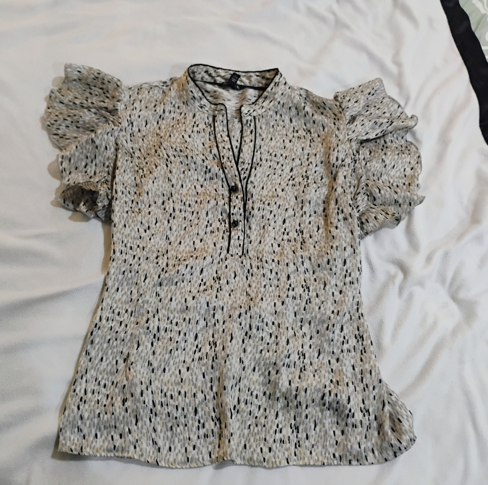 George Cream Blouse with Black Speckle Print and Ruffle Short Sleeves